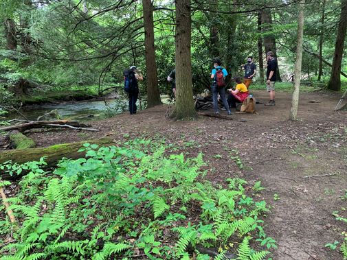 A group of people take a break near Mill Run at Quebec Run Wild Area
