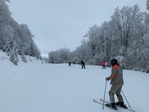 People ski down the Salamander Trail at Timberline