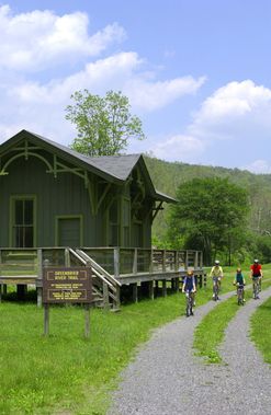 Bicycling next to the trail depot on the Greenbrier Trail
