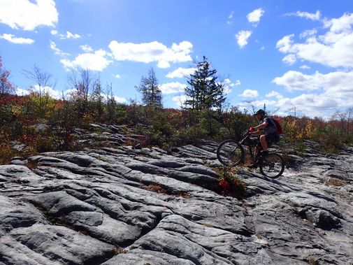 A mountain biker rides over the Moon Rocks Trail