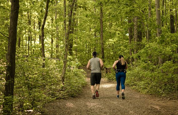 Two people run on a White Park trail
