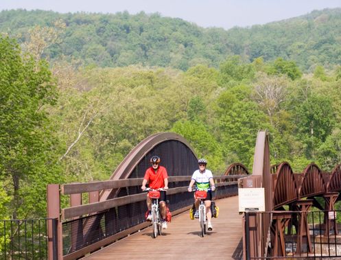 Bicycles riding across the trail bridge