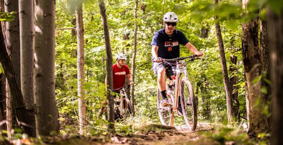 Two mountain bikers ride trails in White Park
