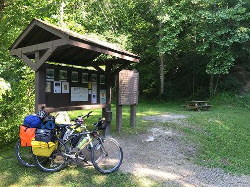 A bike at the kiosk of North Bend Trail
