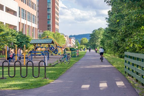 Trail users near the Waterfront Hotel in Morgantown