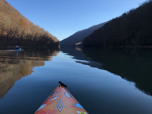 A view of a kayak up the Cheat Canyon