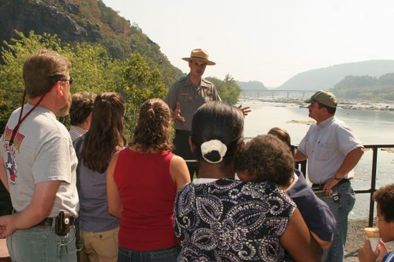 A park ranger leads a talk at Harpers Ferry