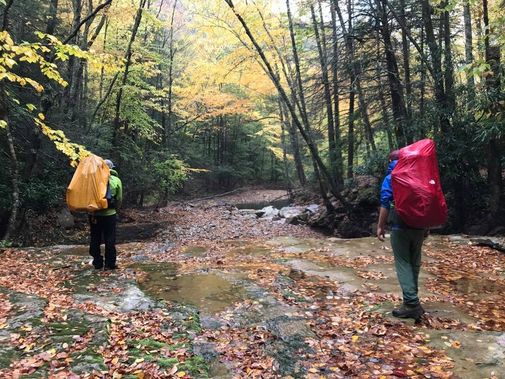 Backpackers move along a creek in Cranberry Wilderness