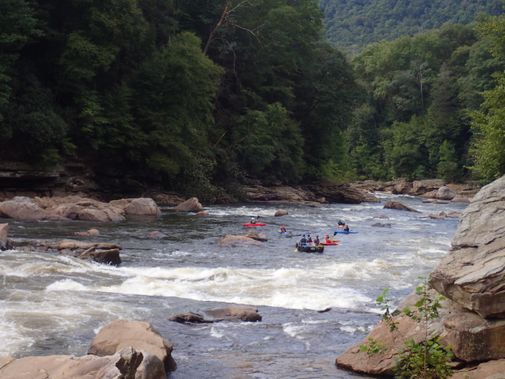 Kayakers and rafters gather between Upper and Middle Coliseum Rapids on the Cheat Canyon
