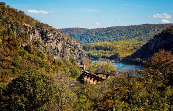 A view of the Harpers Ferry bridges and Maryland Heights