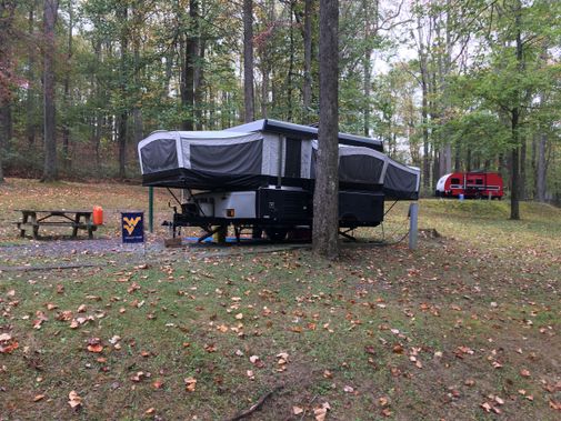 A camper at McCollum Campground at Coopers Rock