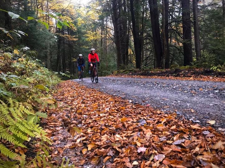 Two bicyclists ride the Canaan Loop Road