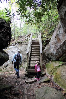 Two hikers approach stairs at Audra SP