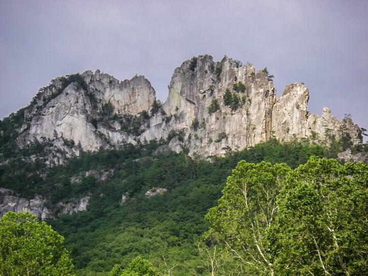 Seneca Rocks as seen from the ground. North peak is on the left, south peak is on the right.