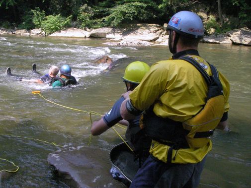 A swiftwater rescue class session