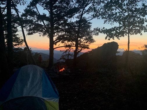A campsite at sunset along the North Fork Mountain Trail